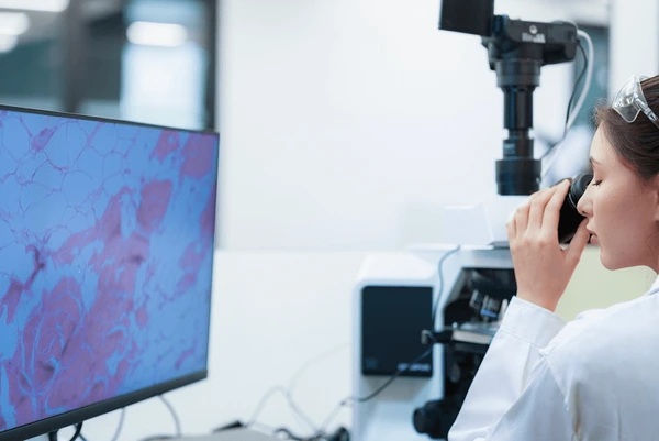 Pathologist Reviewing Samples under Microscope